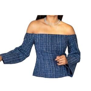 Zara Size Medium Off the Shoulder Blue and Black Peplum Blouse